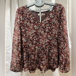 LOFT Burgundy Floral V-Neck Peplum Blouse